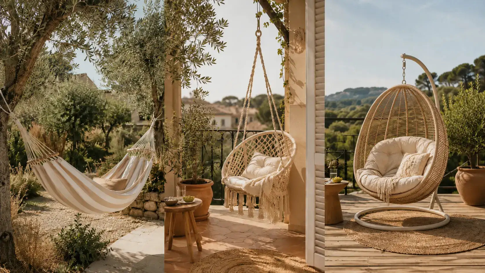 Comparatif hamac chaise suspendue et fauteuil œuf en extérieur méditerranéen