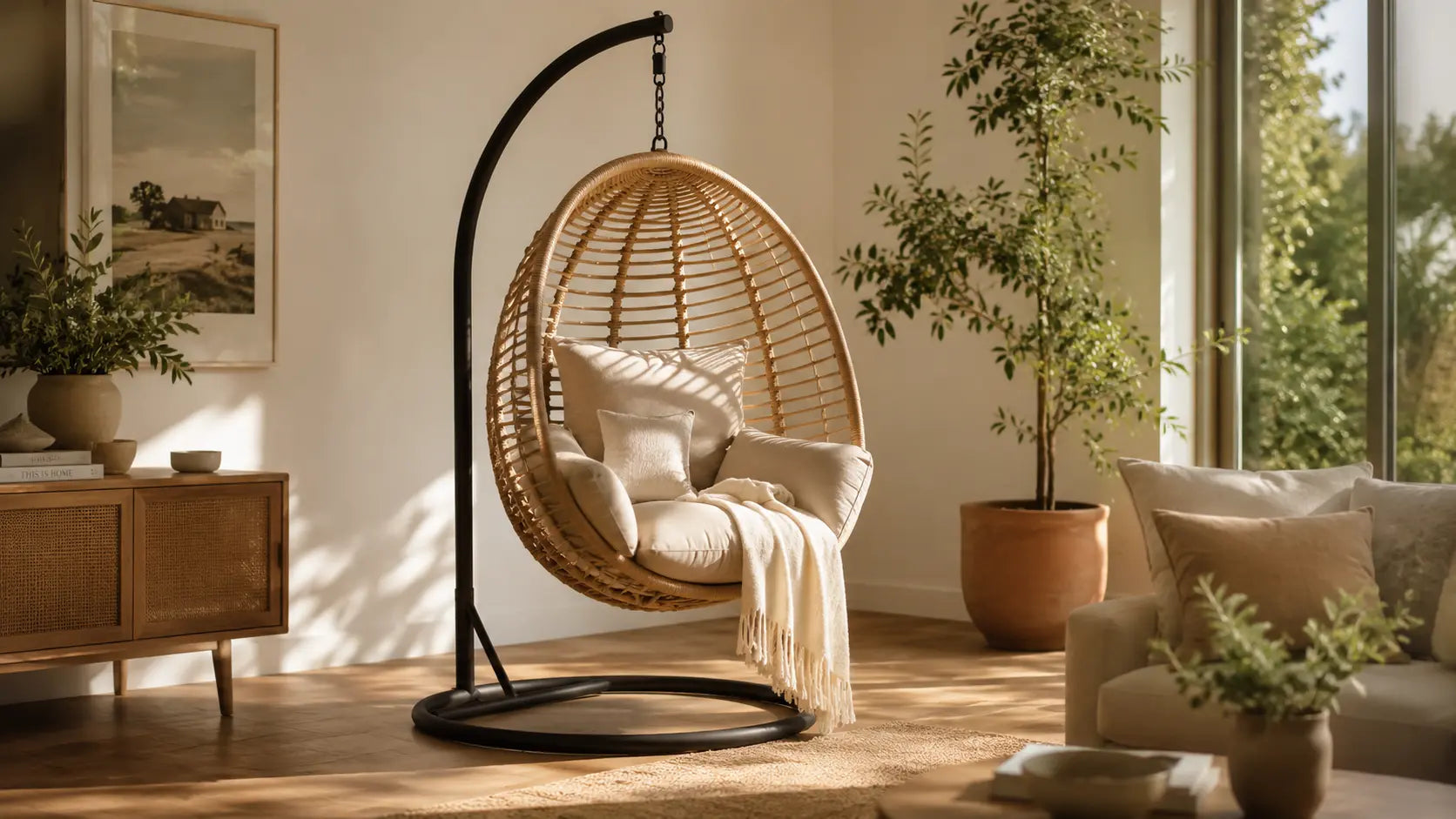 Fauteuil suspendu œuf beige avec support sur pied dans un salon cocooning