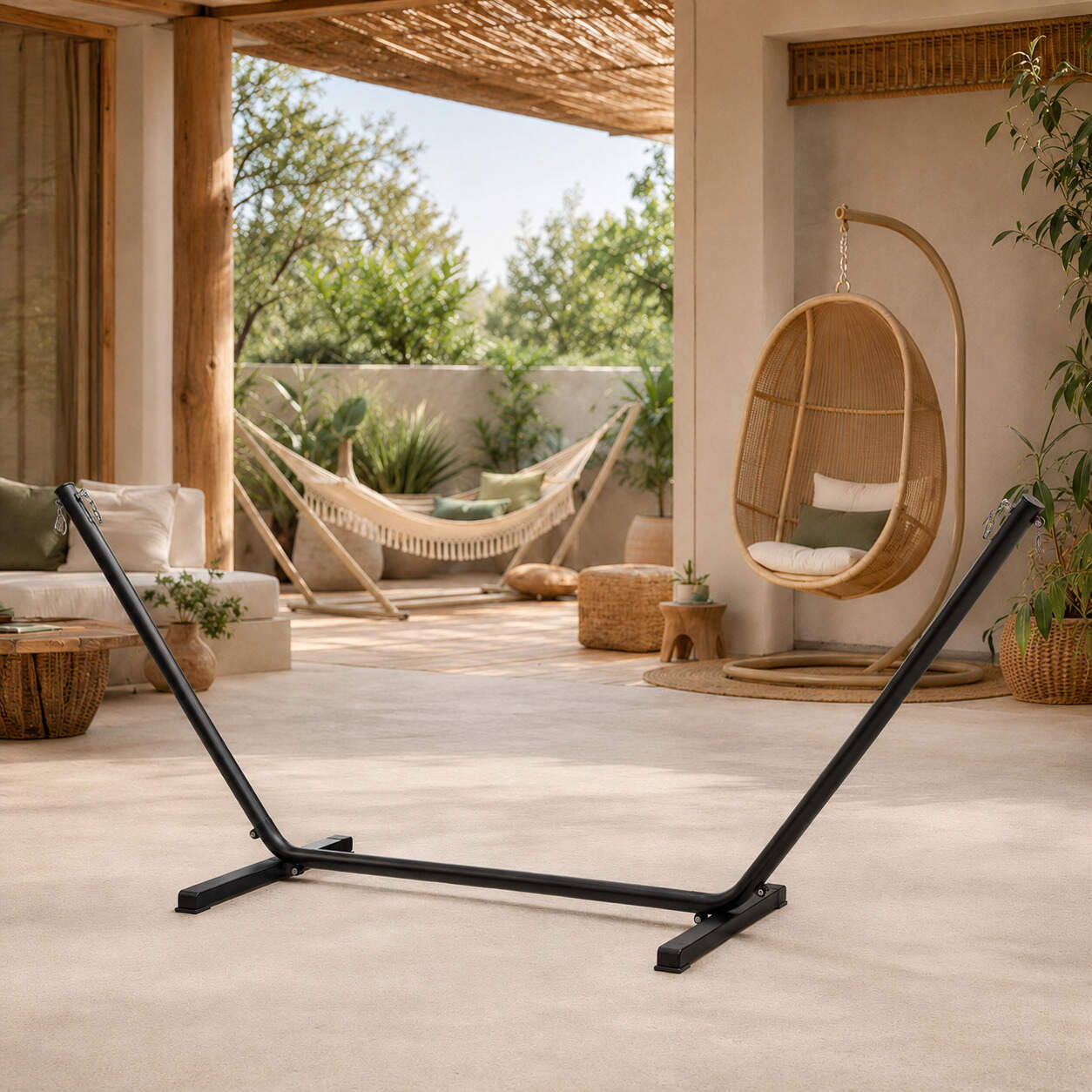 Support de hamac en acier noir avec roues pour jardin et terrasse Image