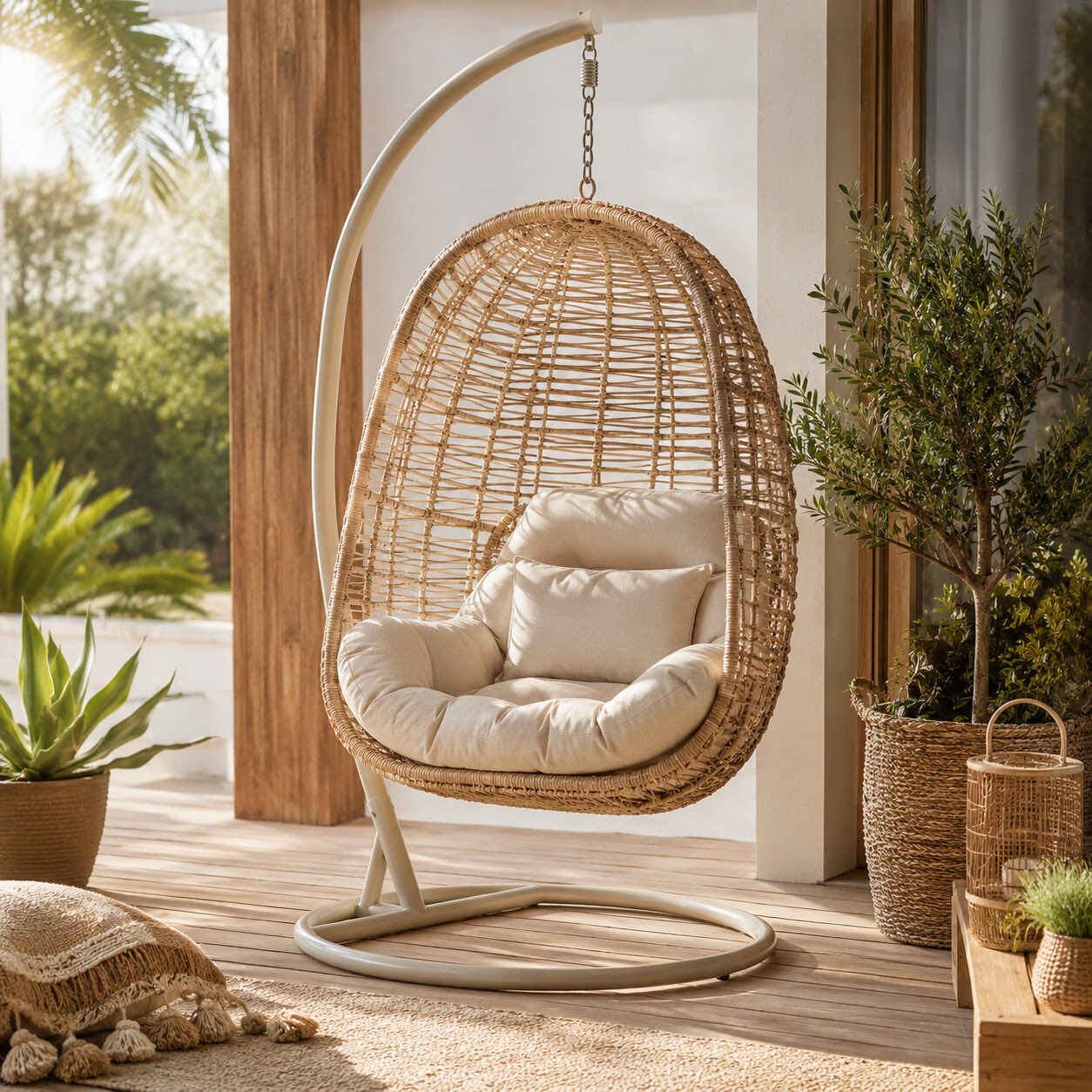 Fauteuil suspendu œuf en rotin avec support pour jardin et terrasse Image