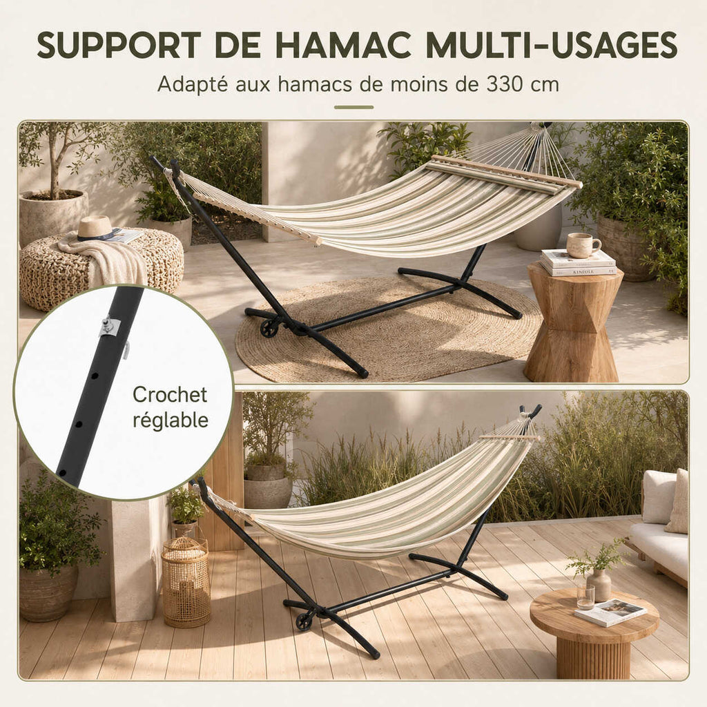 Support hamac acier noir réglable — mobilier extérieur robuste