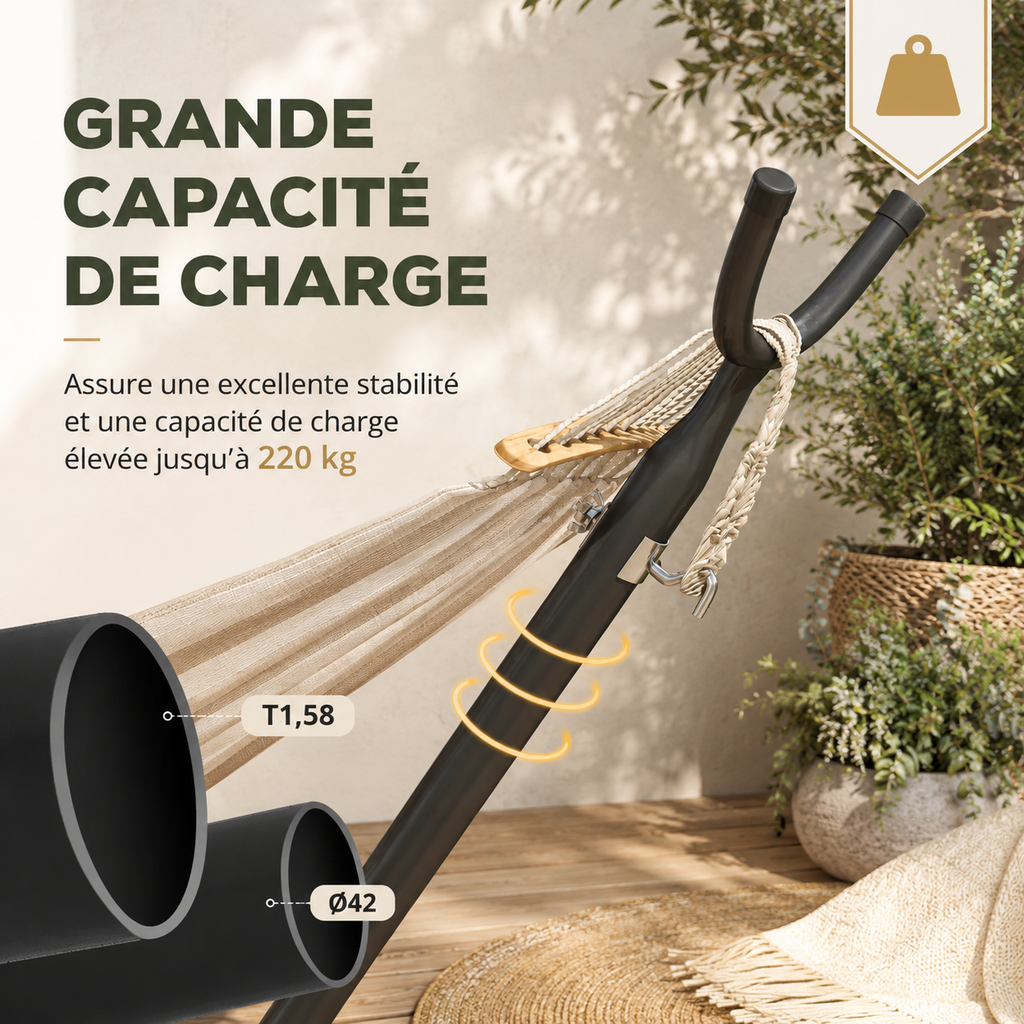 Support hamac noir en acier sur roues pour terrasse et balcon
