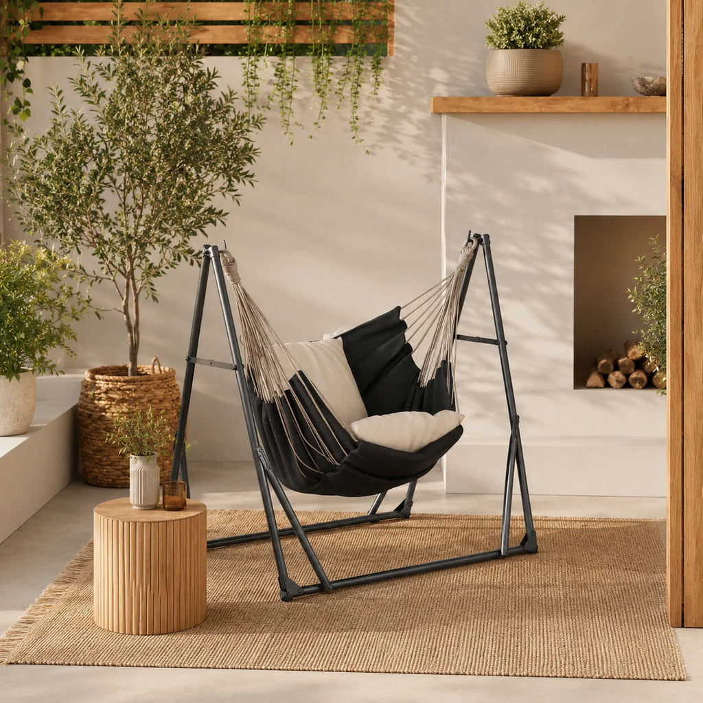 Support 2 en 1 noir pliable — hamac et fauteuil suspendu compatibles