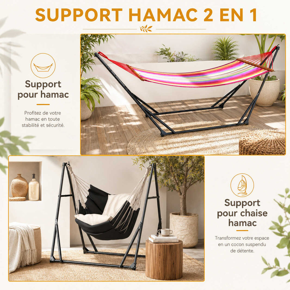 Support pliable noir pour hamac ou chaise suspendue — installation rapide