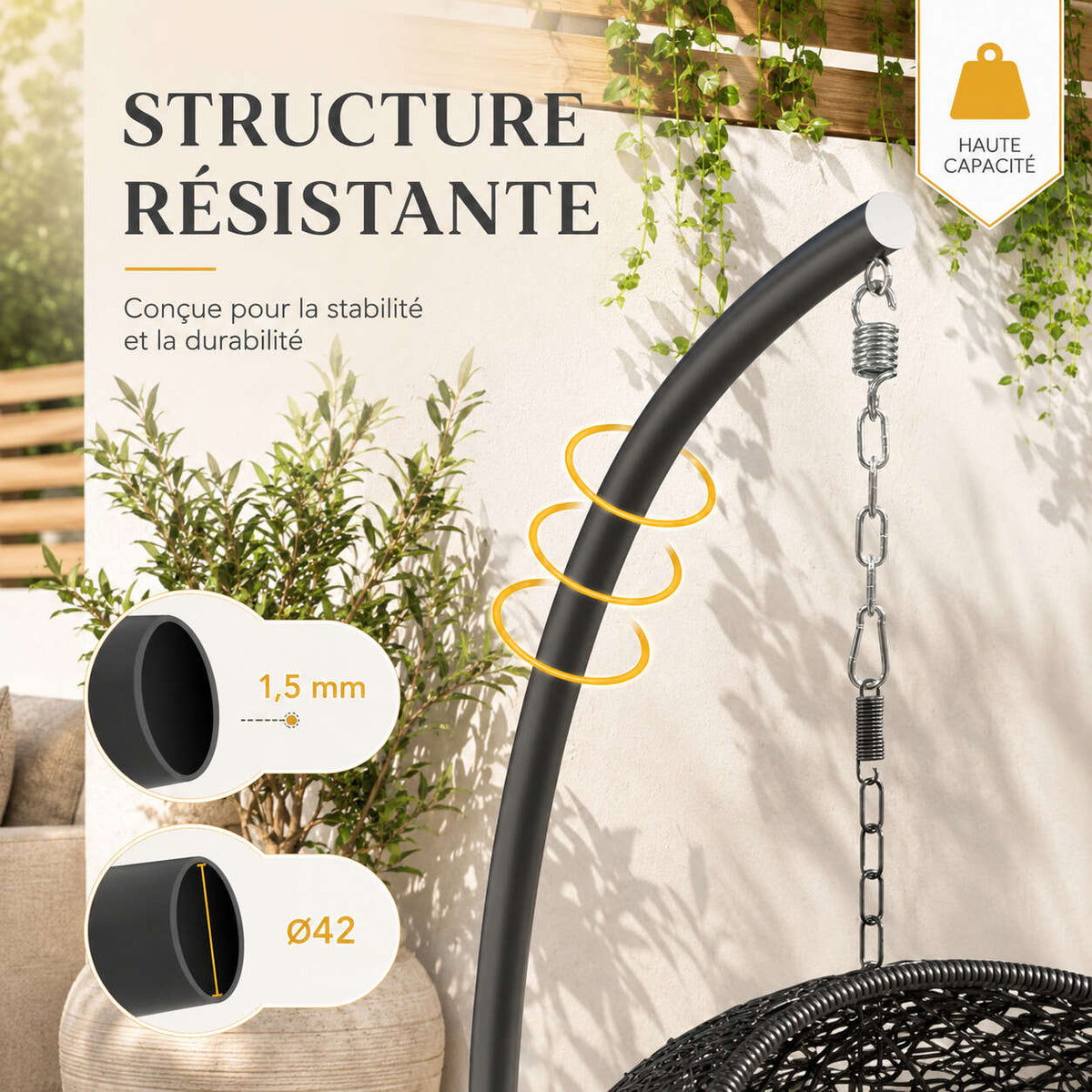 Support cocon suspendu en acier noir — compatible chaise œuf