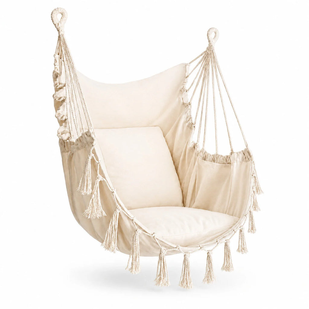 Chaise suspendue macramé blanc avec 2 coussins moelleux