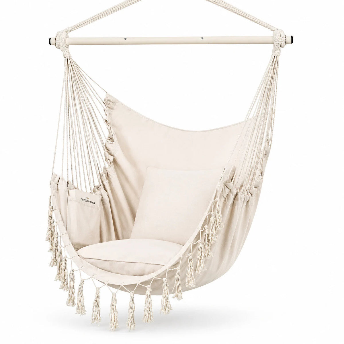 Chaise suspendue macramé blanc avec 2 coussins et kit de fixation