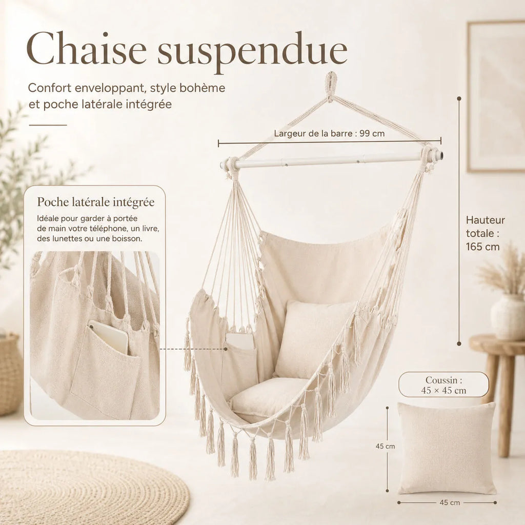 Chaise suspendue en corde macramé bohème