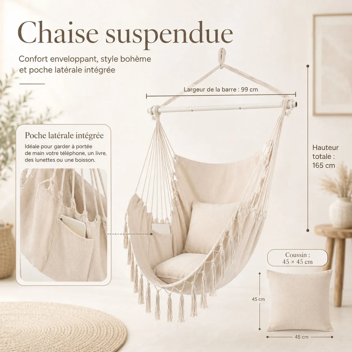 Chaise suspendue en corde macramé bohème