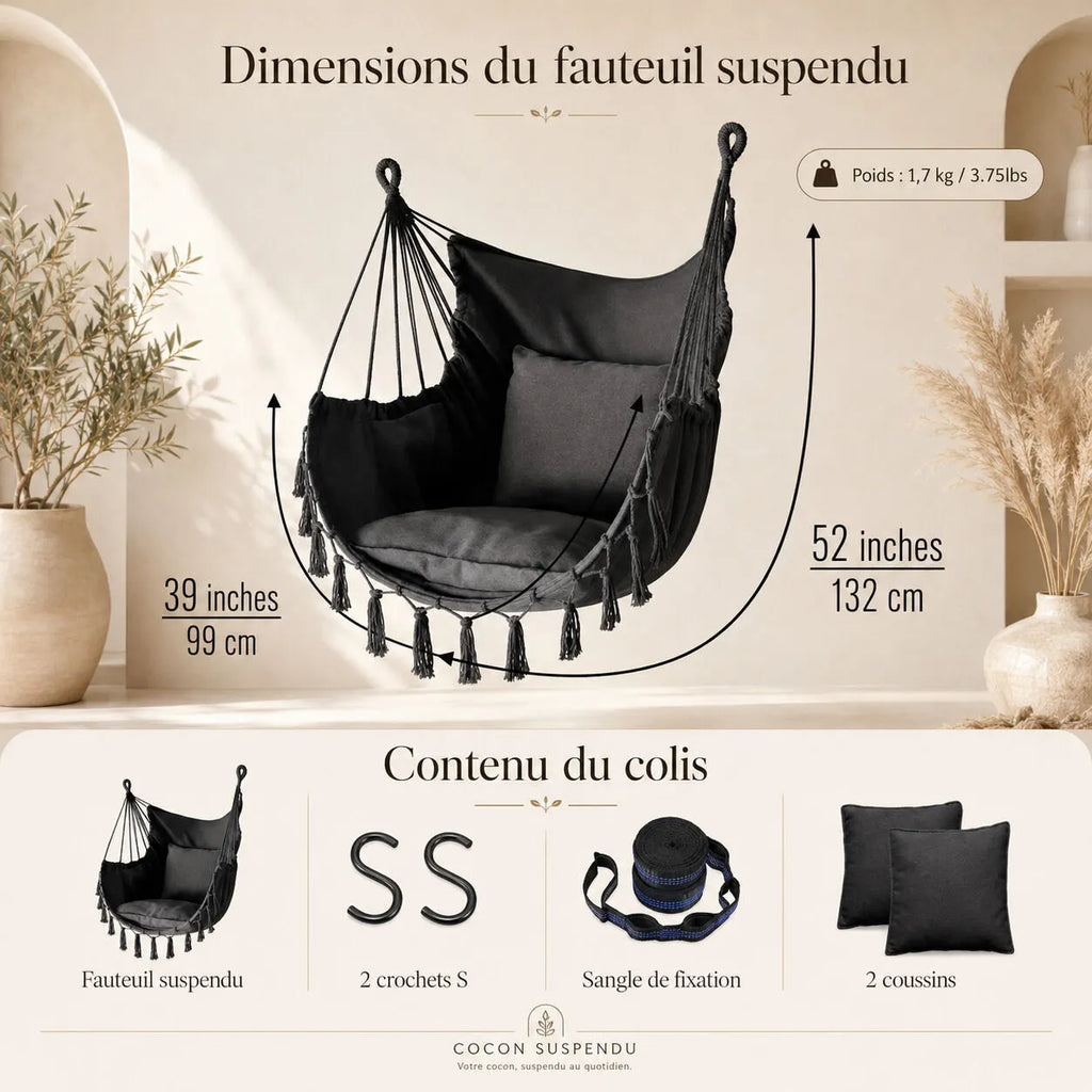 Chaise suspendue macramé pour intérieur et extérieur