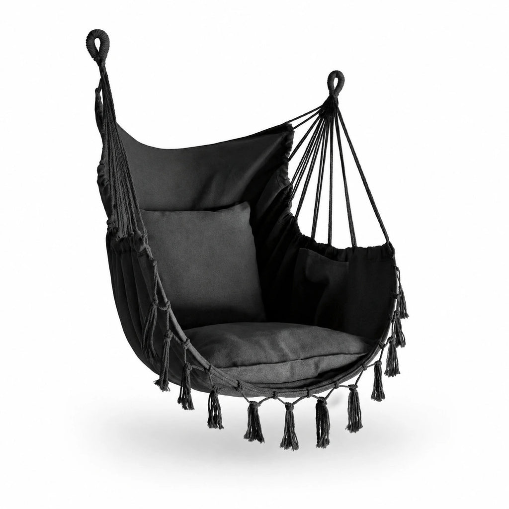 Chaise suspendue macramé noir avec 2 coussins