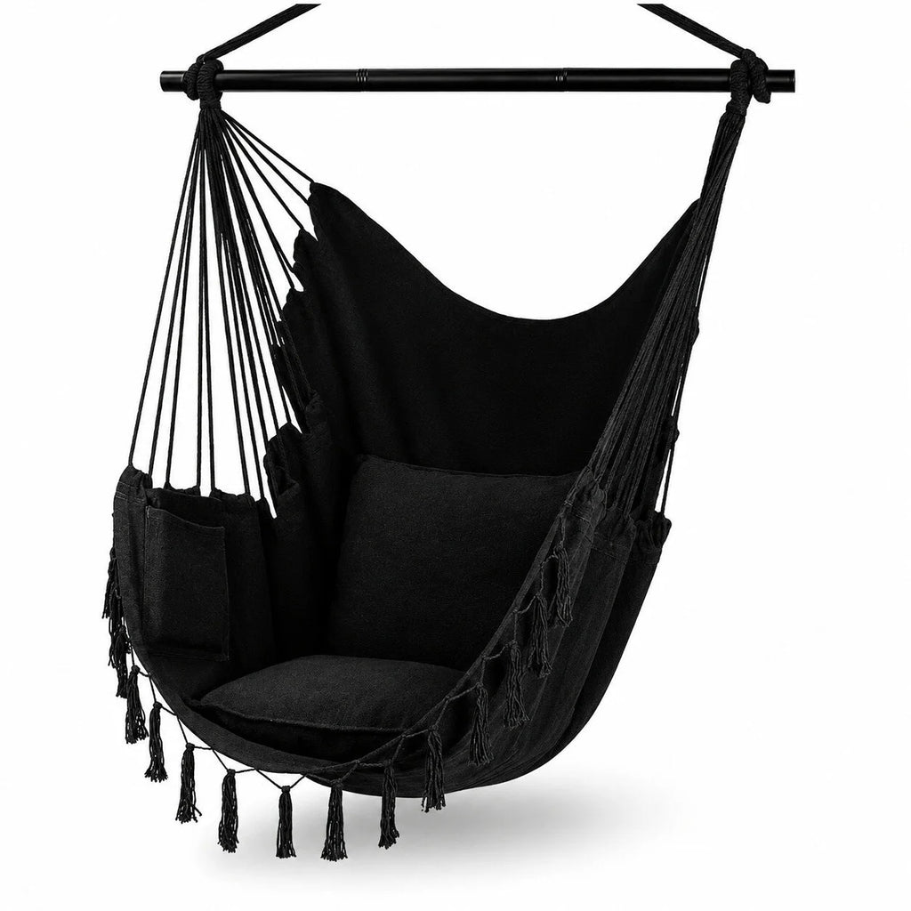 Chaise suspendue macramé noir avec 2 coussins