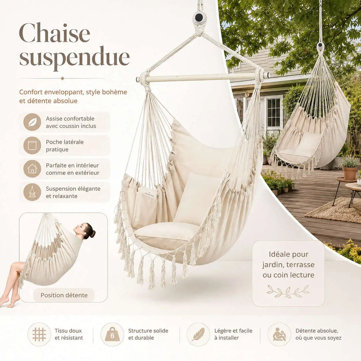 Chaise suspendue macramé avec poche pratique