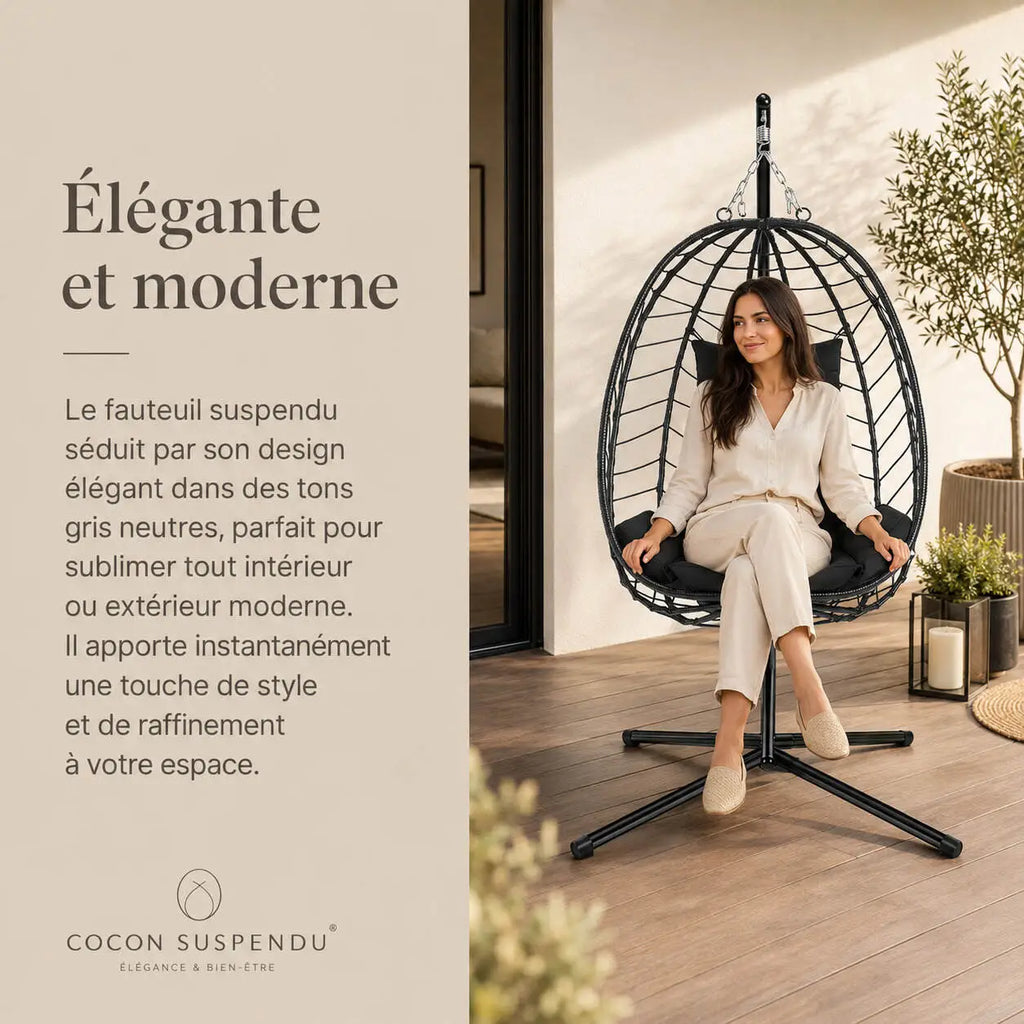 Chaise suspendue œuf bohème avec support pour terrasse