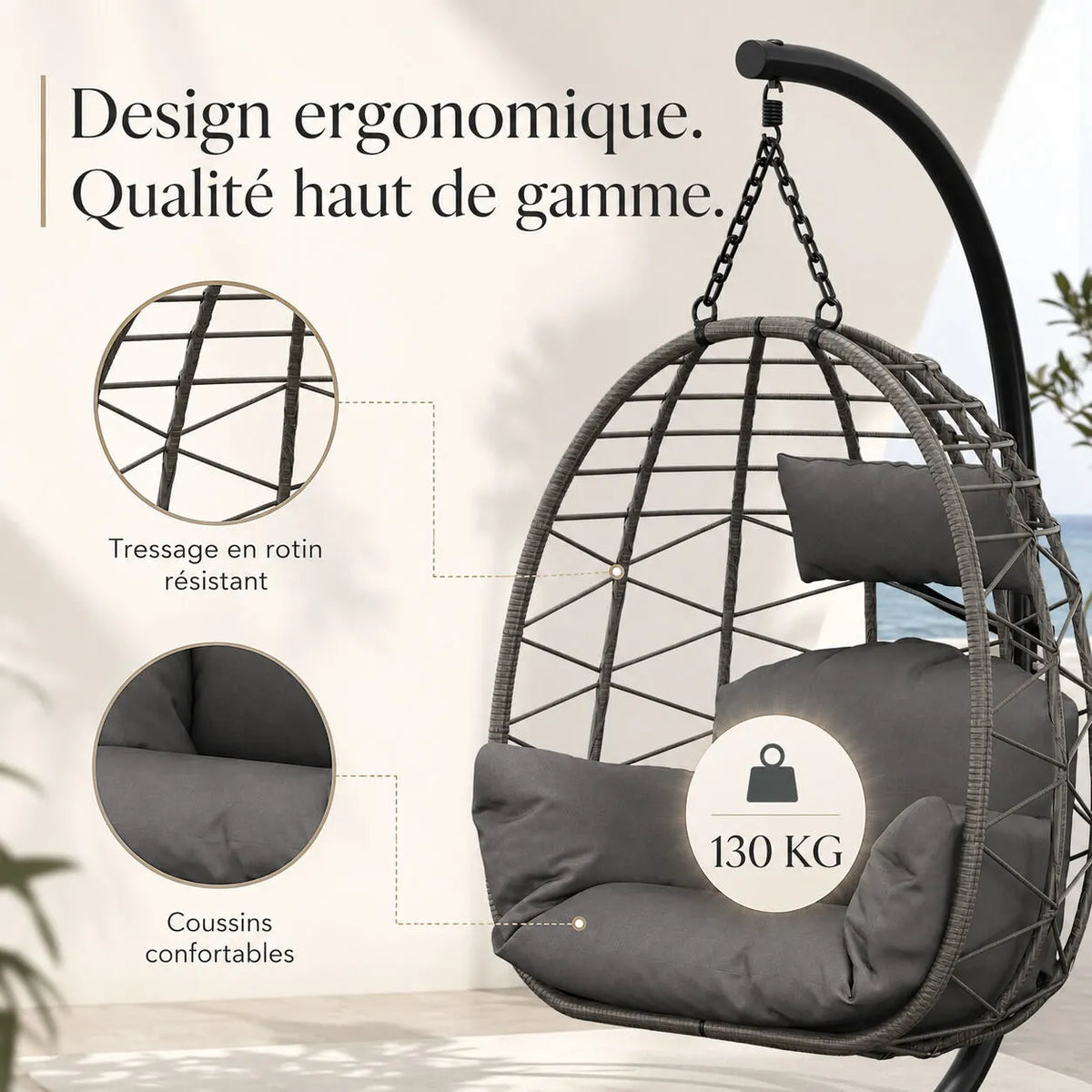 Chaise suspendue œuf avec support en acier stable
