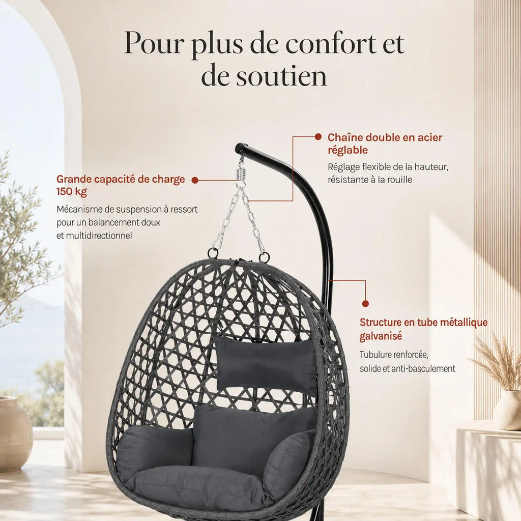 Chaise suspendue œuf avec support stable pour terrasse