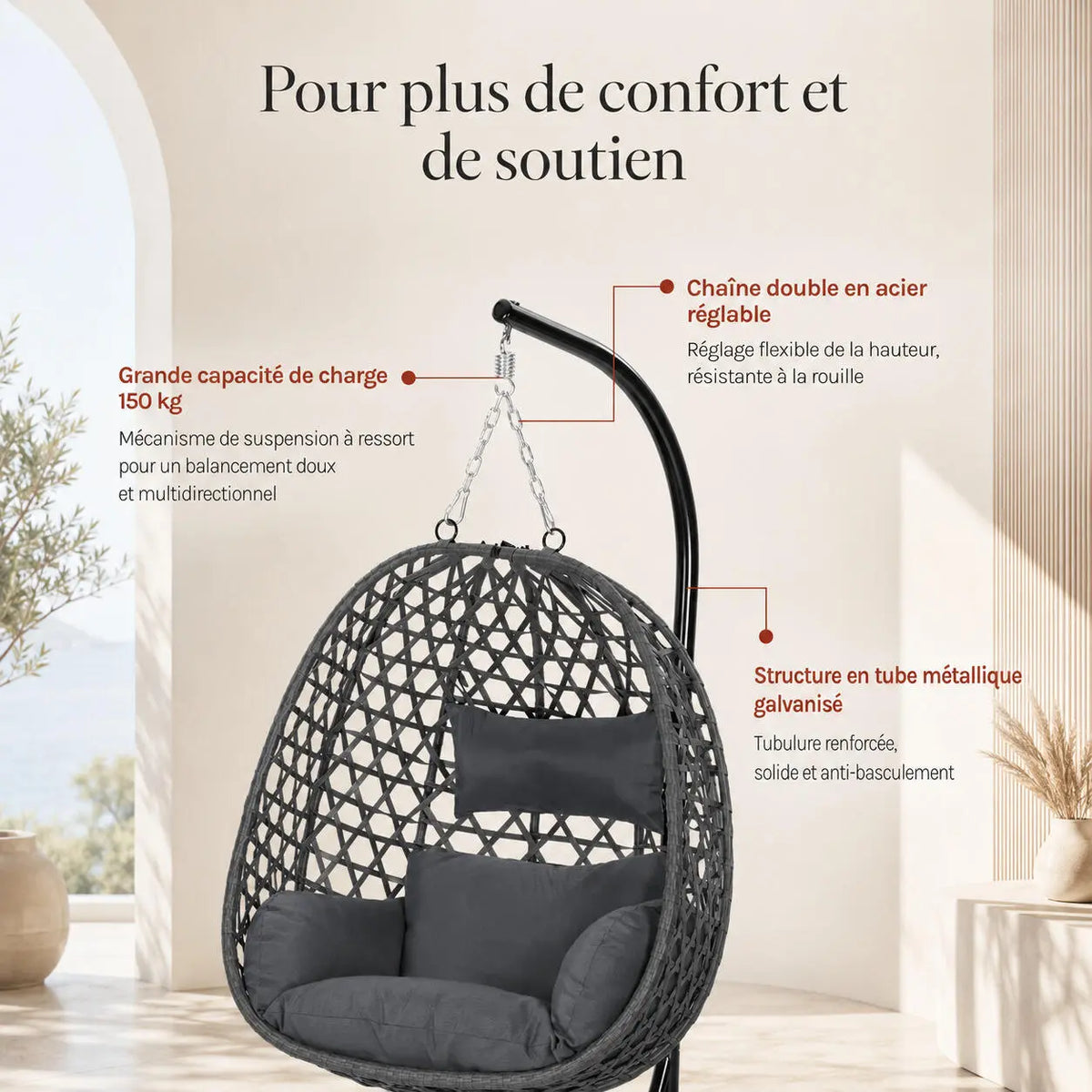 Chaise suspendue œuf avec support stable pour terrasse