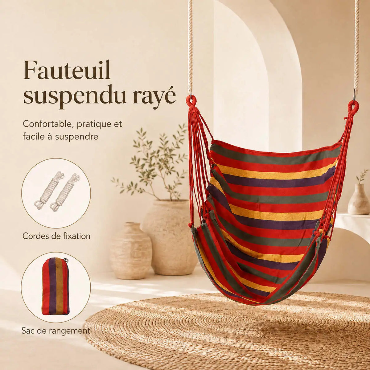Chaise suspendue rayée pour camping et extérieur