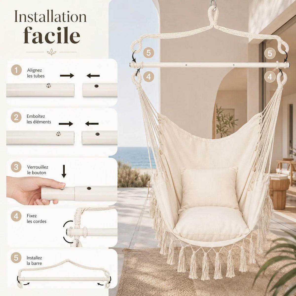 Fauteuil macramé bohème suspendu pour intérieur
