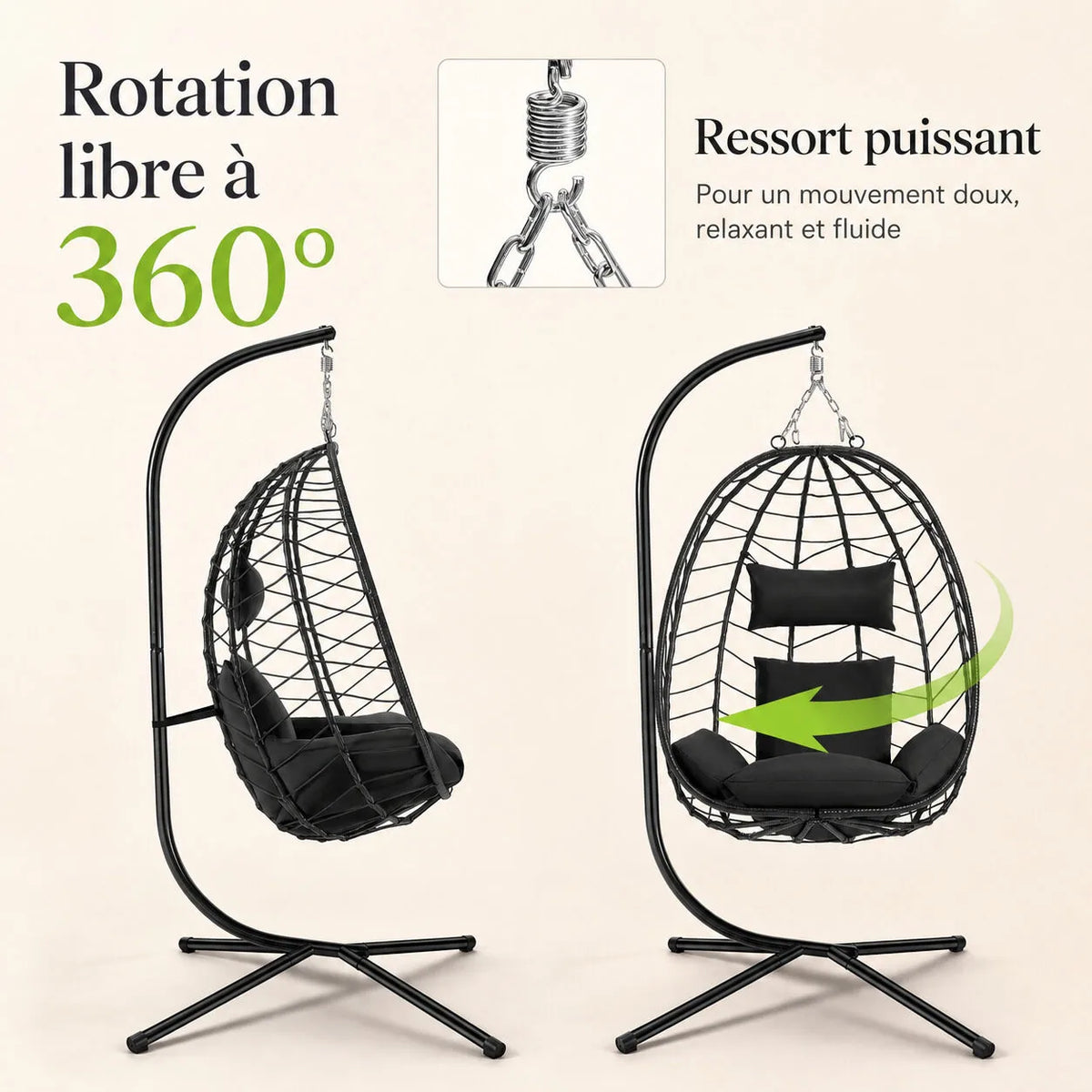Fauteuil œuf bohème suspendu avec appui-tête confort