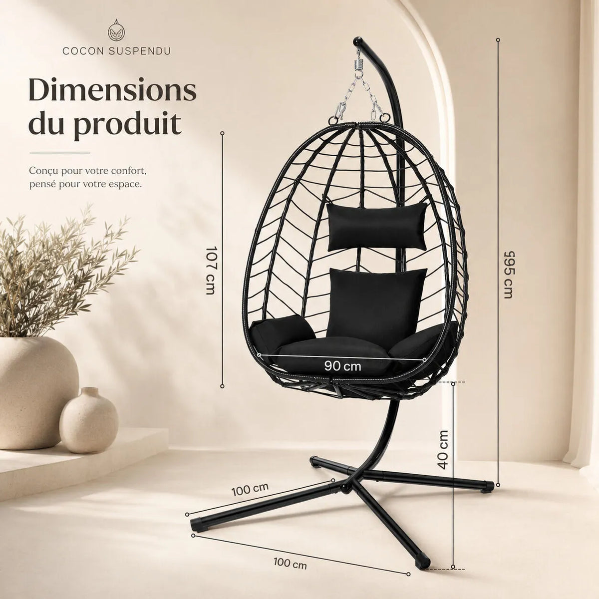 Fauteuil œuf bohème avec support stable pour jardin