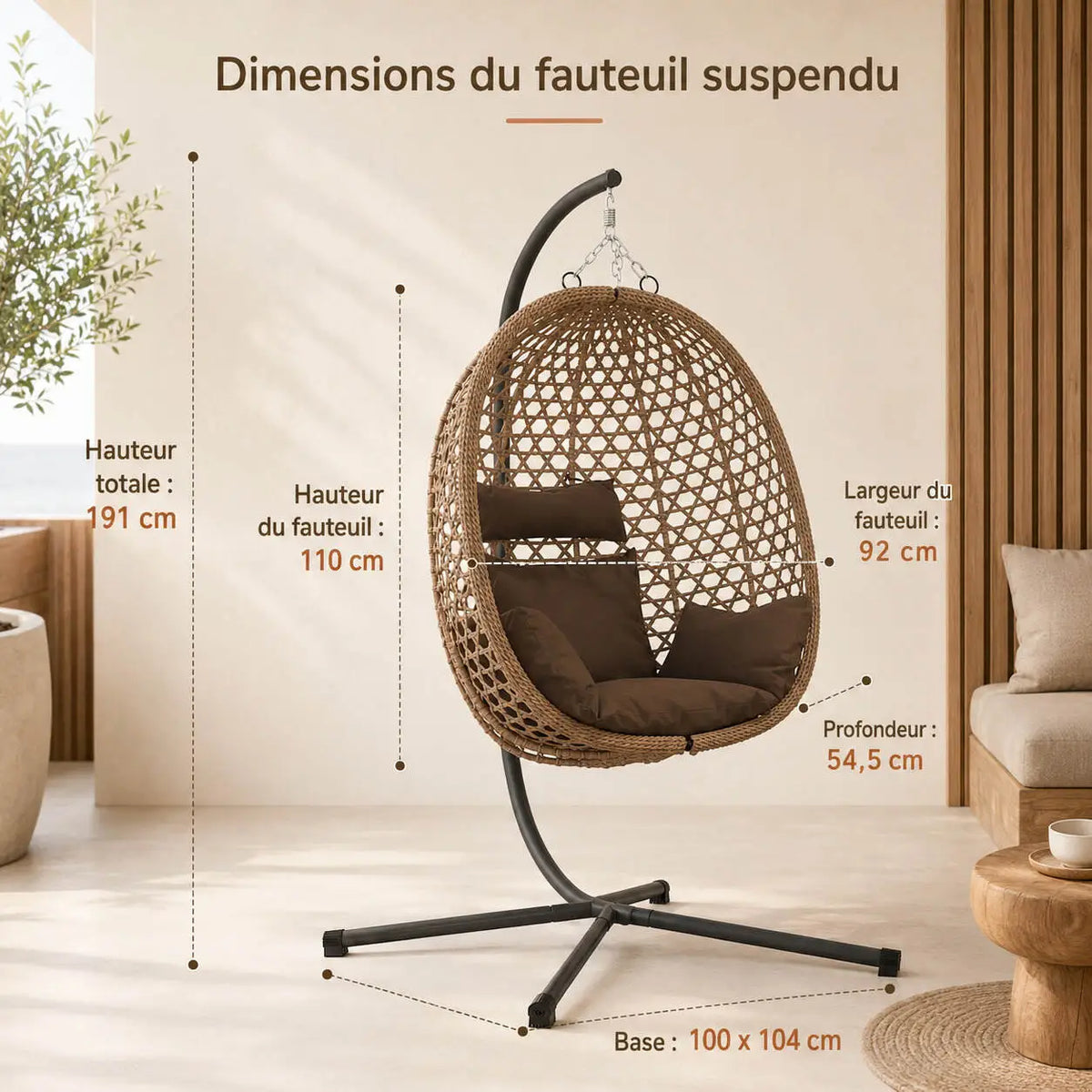 Fauteuil œuf café — mobilier extérieur en polyrotin tressé