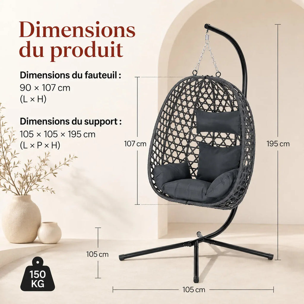 Fauteuil œuf en rotin PE avec support pour jardin