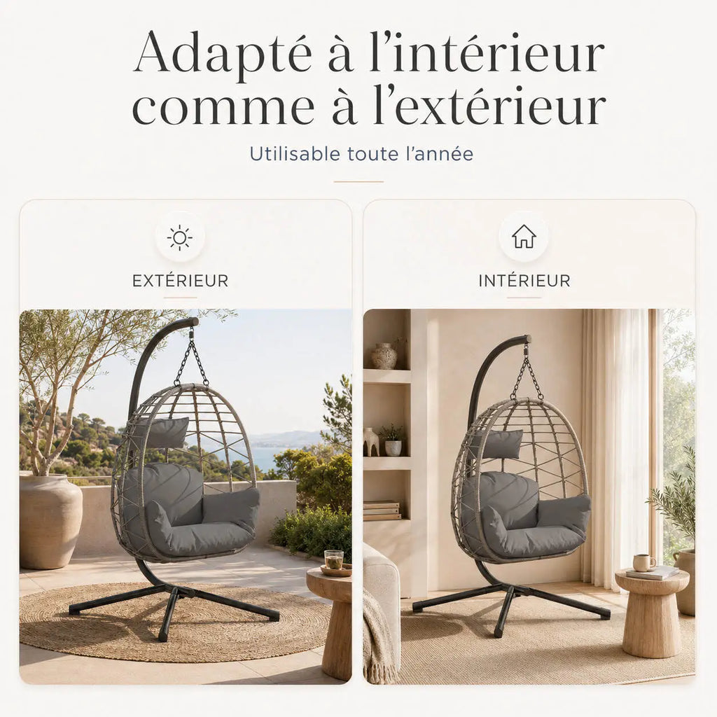 Fauteuil œuf suspendu — mobilier extérieur de jardin cocooning
