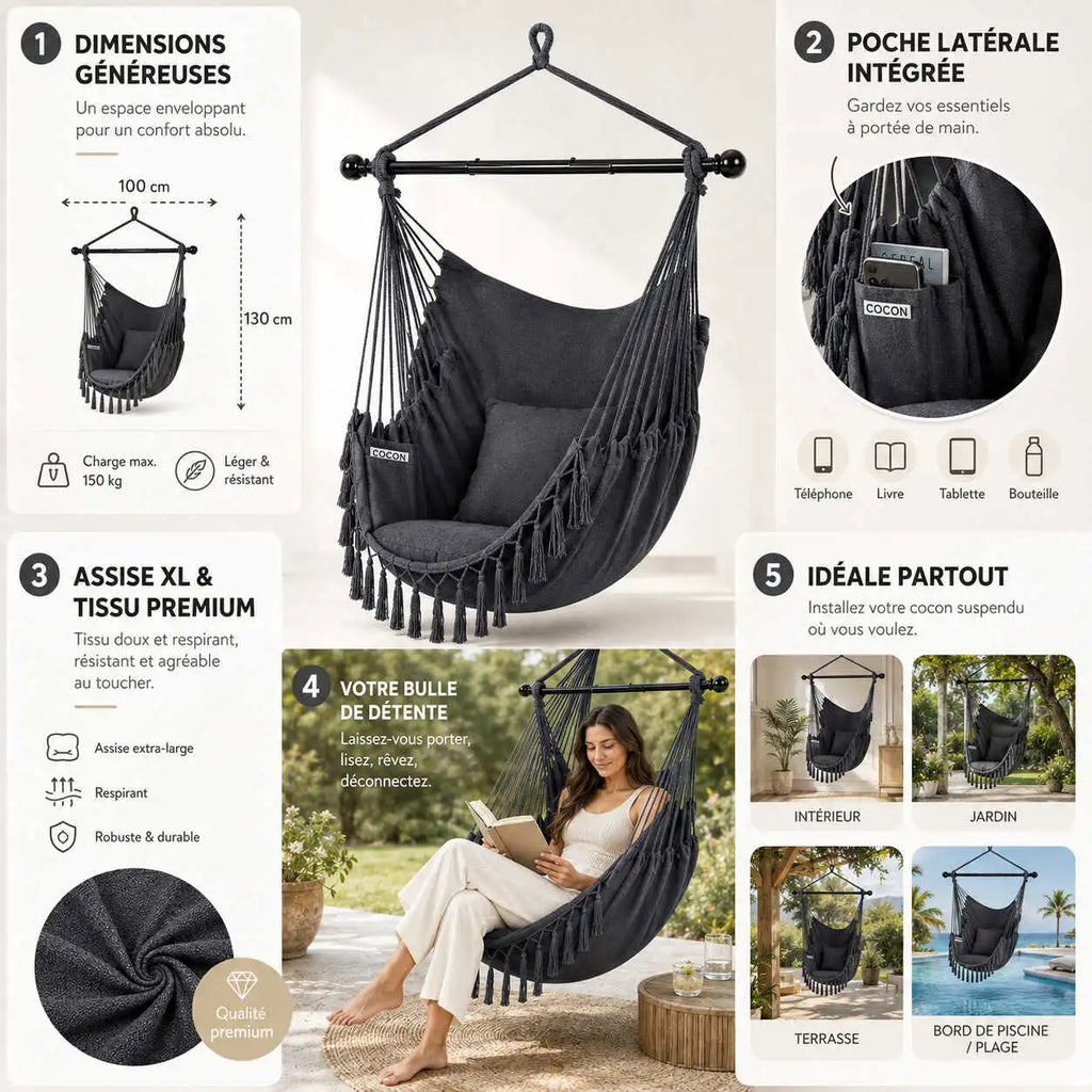 Fauteuil suspendu en corde macramé cosy et cocooning