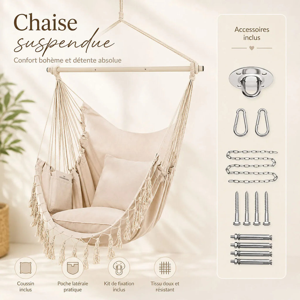 Fauteuil suspendu macramé avec kit de fixation complet