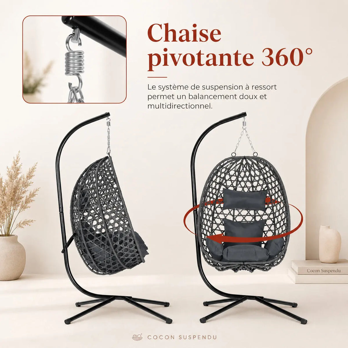 Fauteuil suspendu œuf avec appui-tête et coussin confort