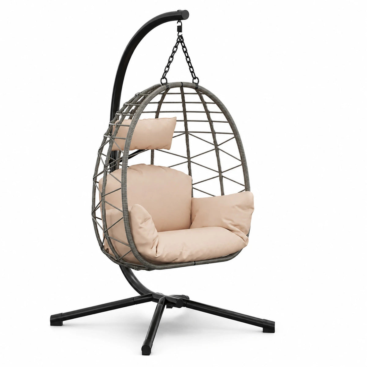 Fauteuil suspendu œuf beige en rotin avec support pour jardin