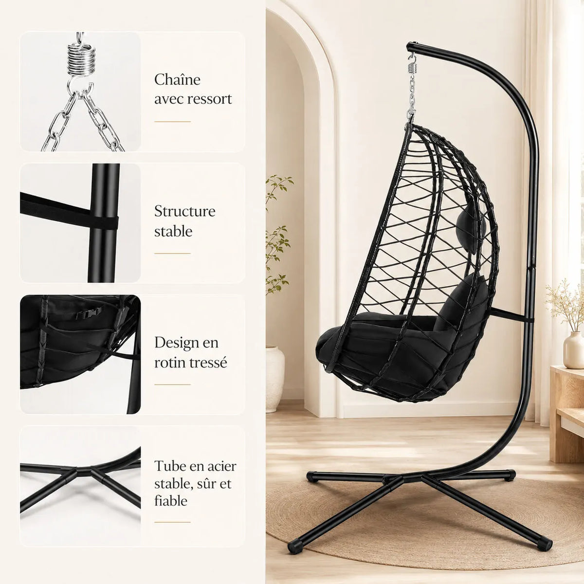 Fauteuil suspendu œuf bohème avec coussin moelleux