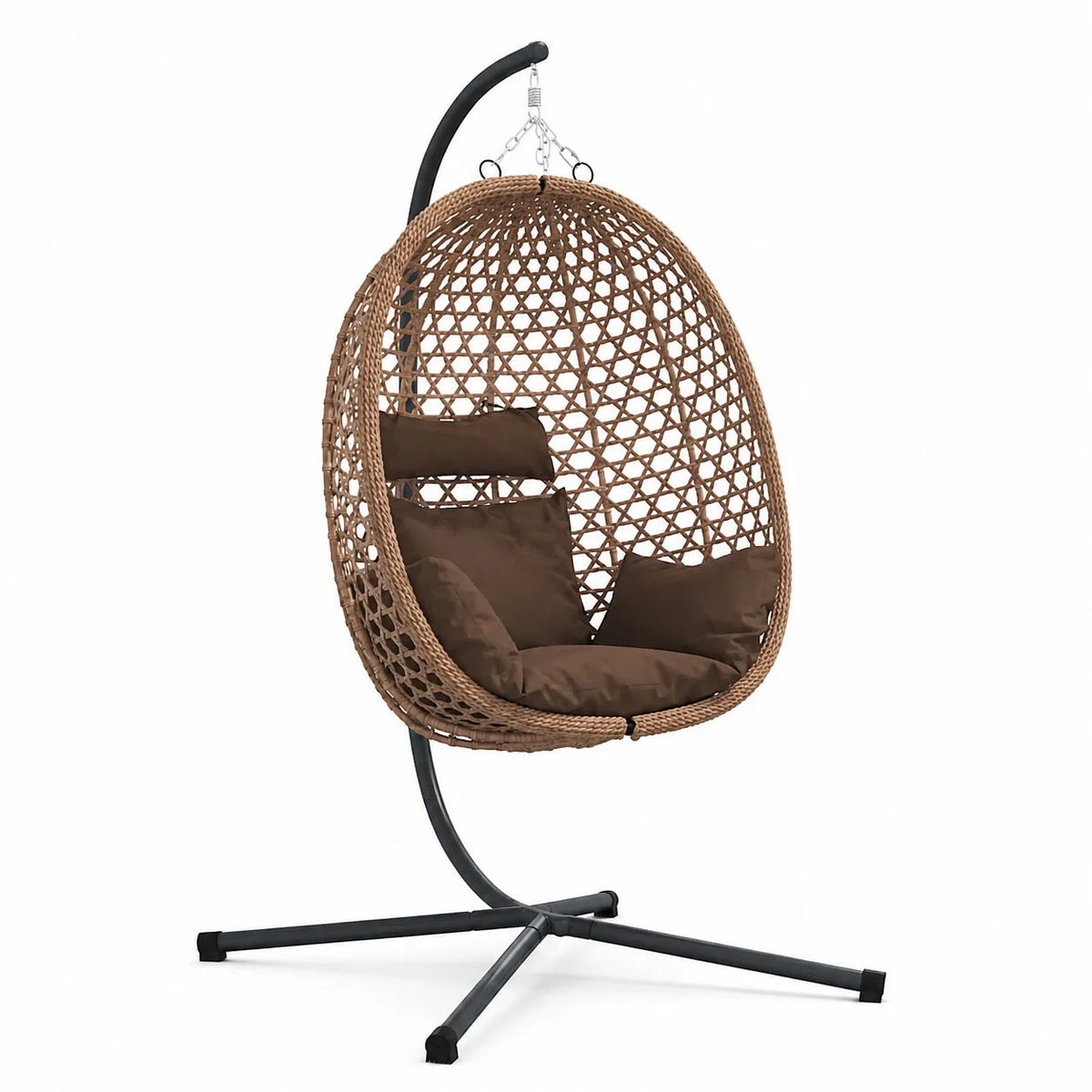 Fauteuil suspendu œuf café en polyrotin tressé avec support