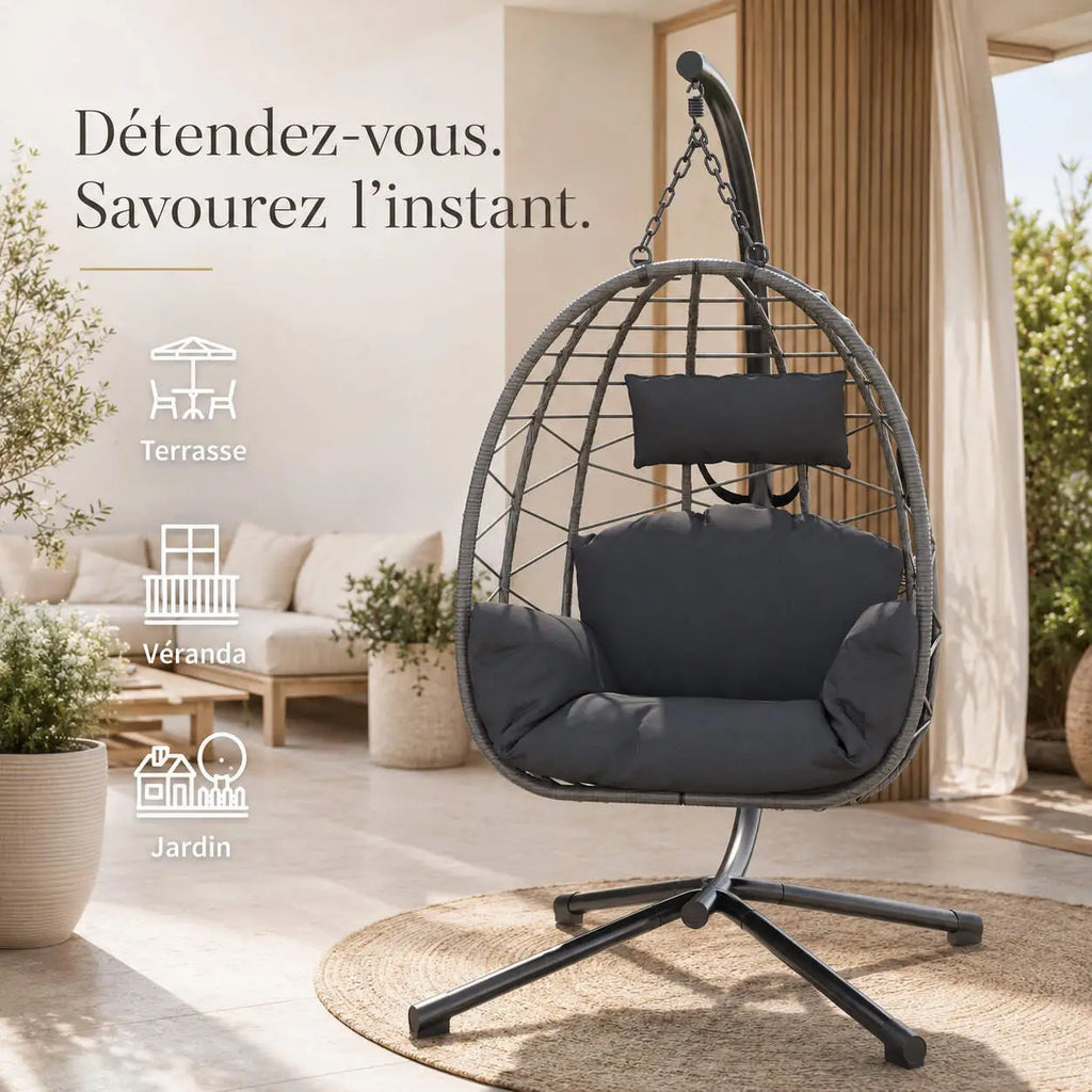 Chaise suspendue œuf cocooning avec support pour balcon
