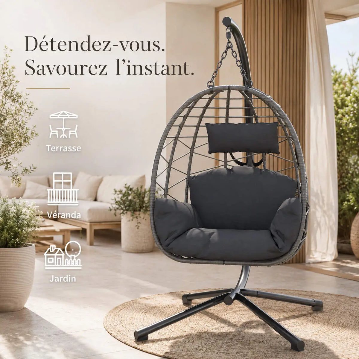 Chaise suspendue œuf cocooning avec support pour balcon