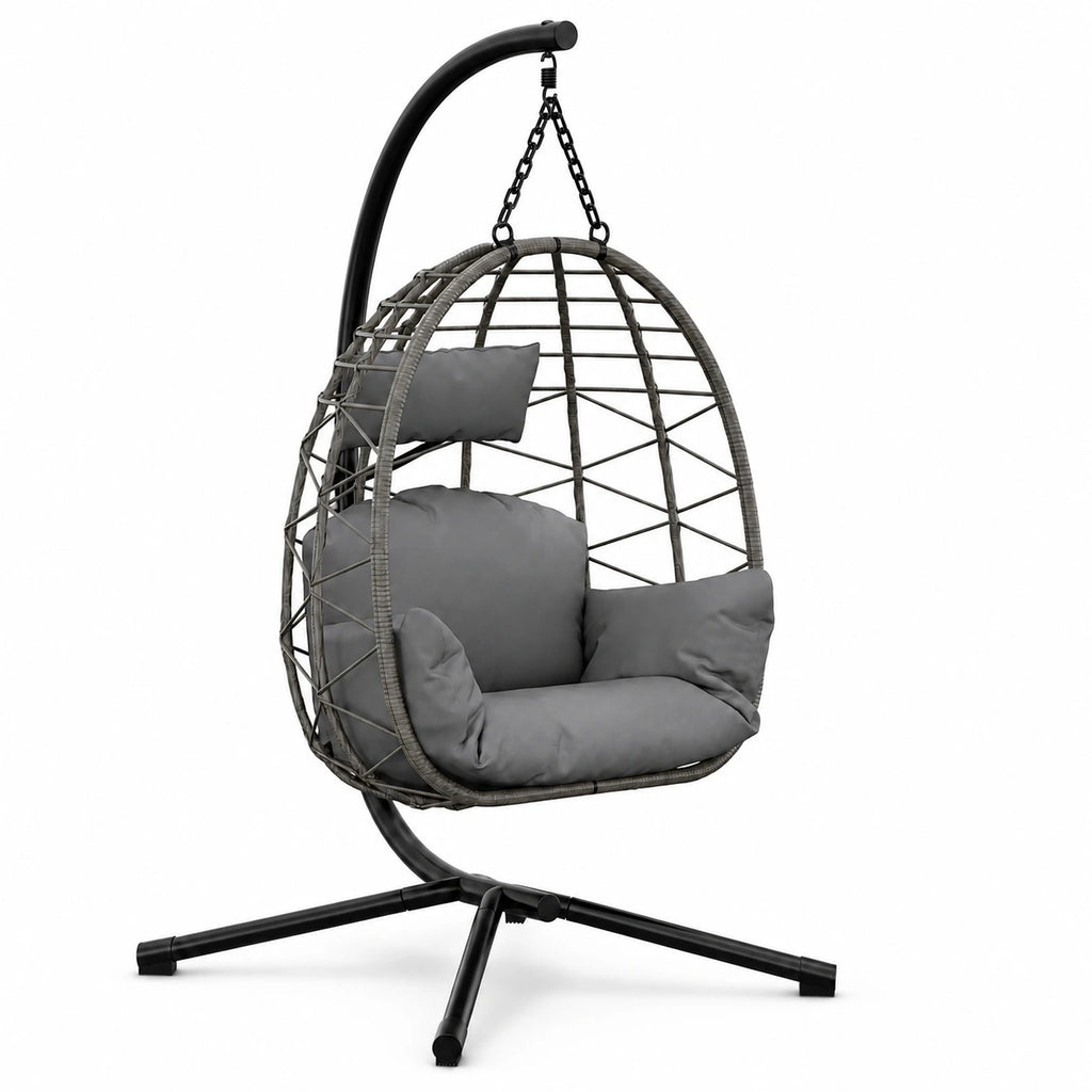 Fauteuil suspendu œuf gris foncé en rotin avec support pour jardin