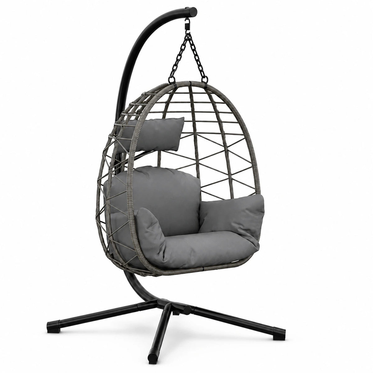 Fauteuil suspendu œuf gris foncé en rotin avec support pour jardin
