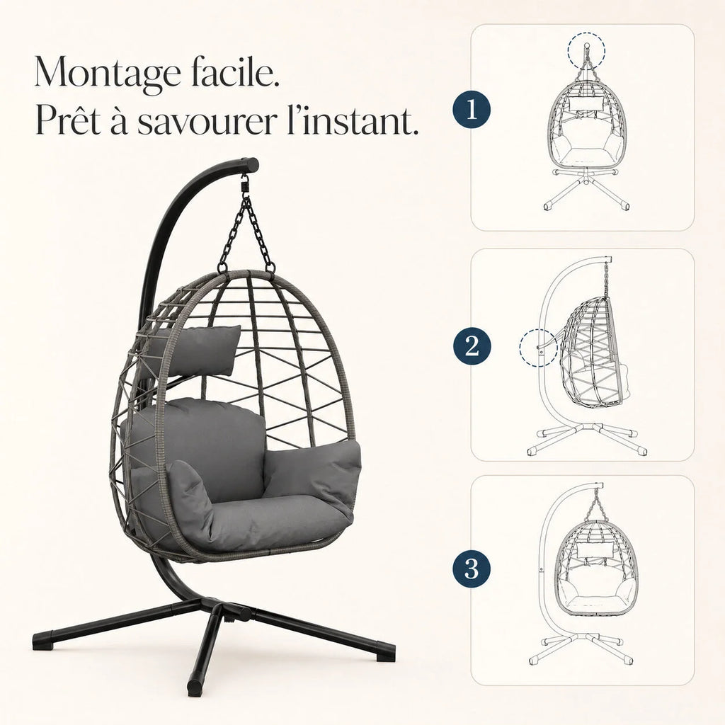Fauteuil suspendu œuf en rotin pour intérieur et extérieur