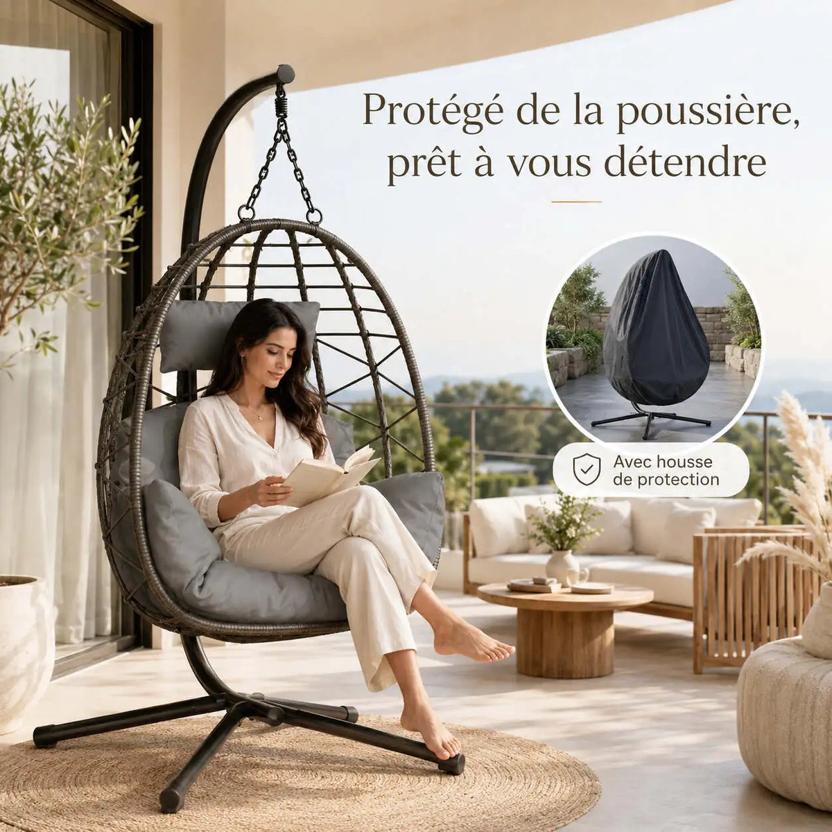 Fauteuil suspendu œuf en rotin tressé avec support pour terrasse