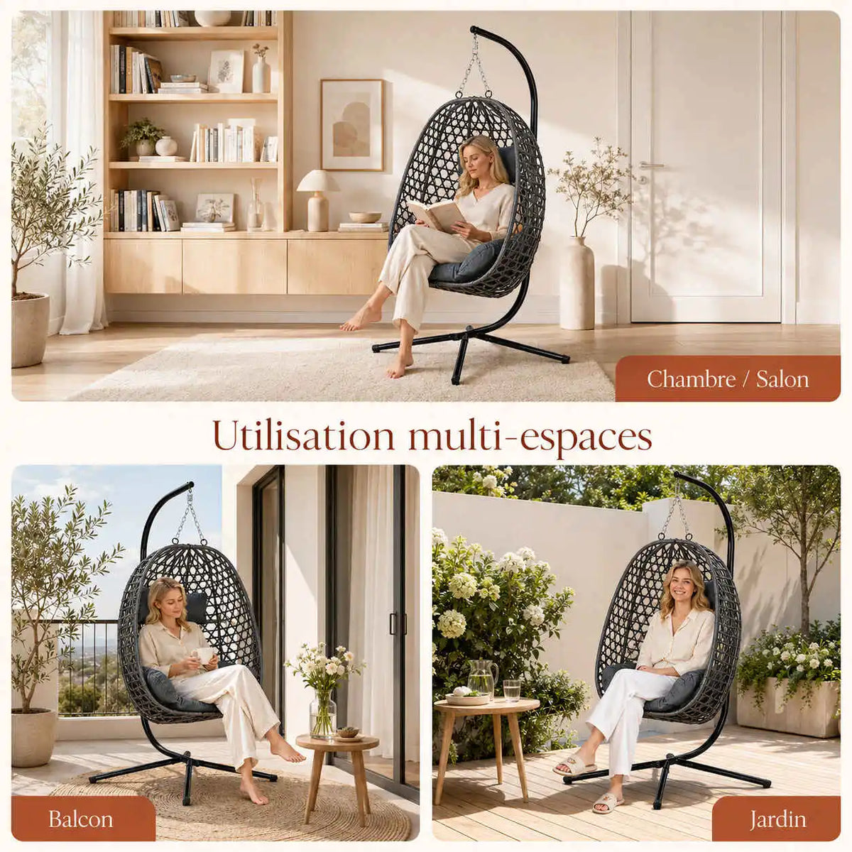 Fauteuil suspendu œuf en rotin tressé résistant avec support