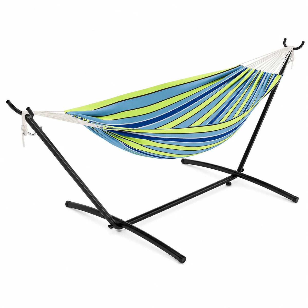 Hamac autoportant bleu vert avec support acier pour jardin