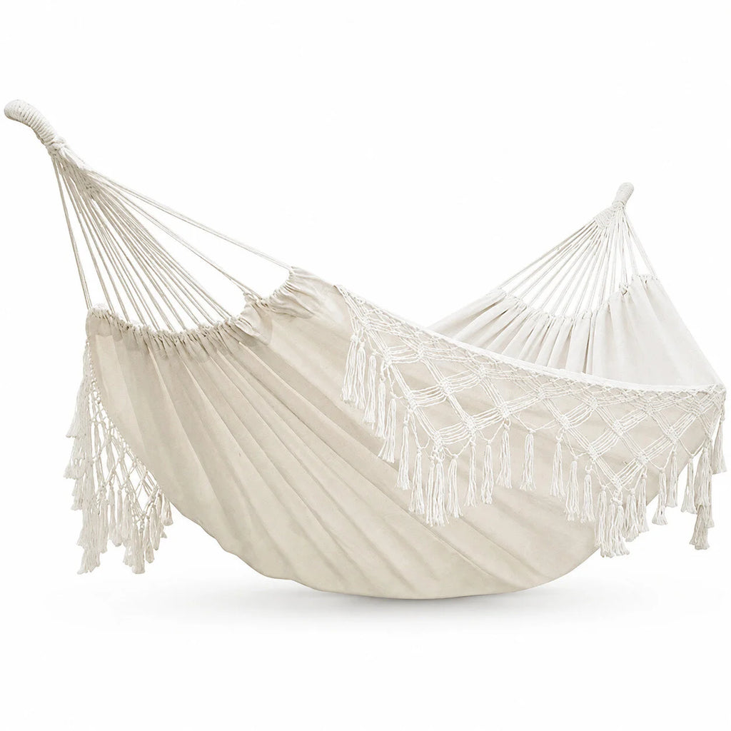Hamac double bohème blanc crème à franges pour jardin