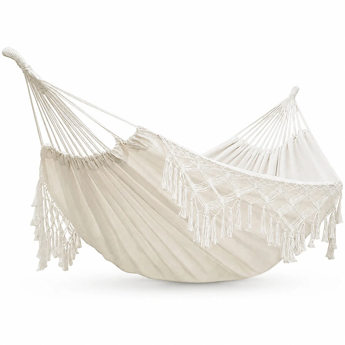 Hamac double bohème blanc crème à franges pour jardin
