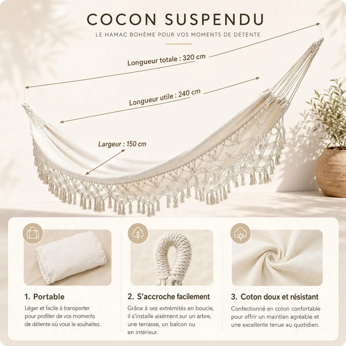 Hamac bohème en coton à franges décoratives