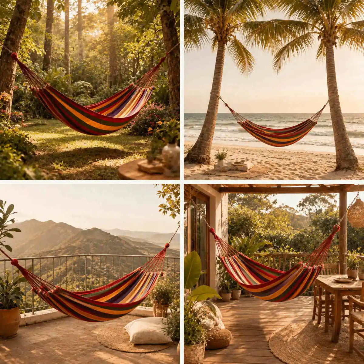 Hamac coton avec sangles installation entre arbres