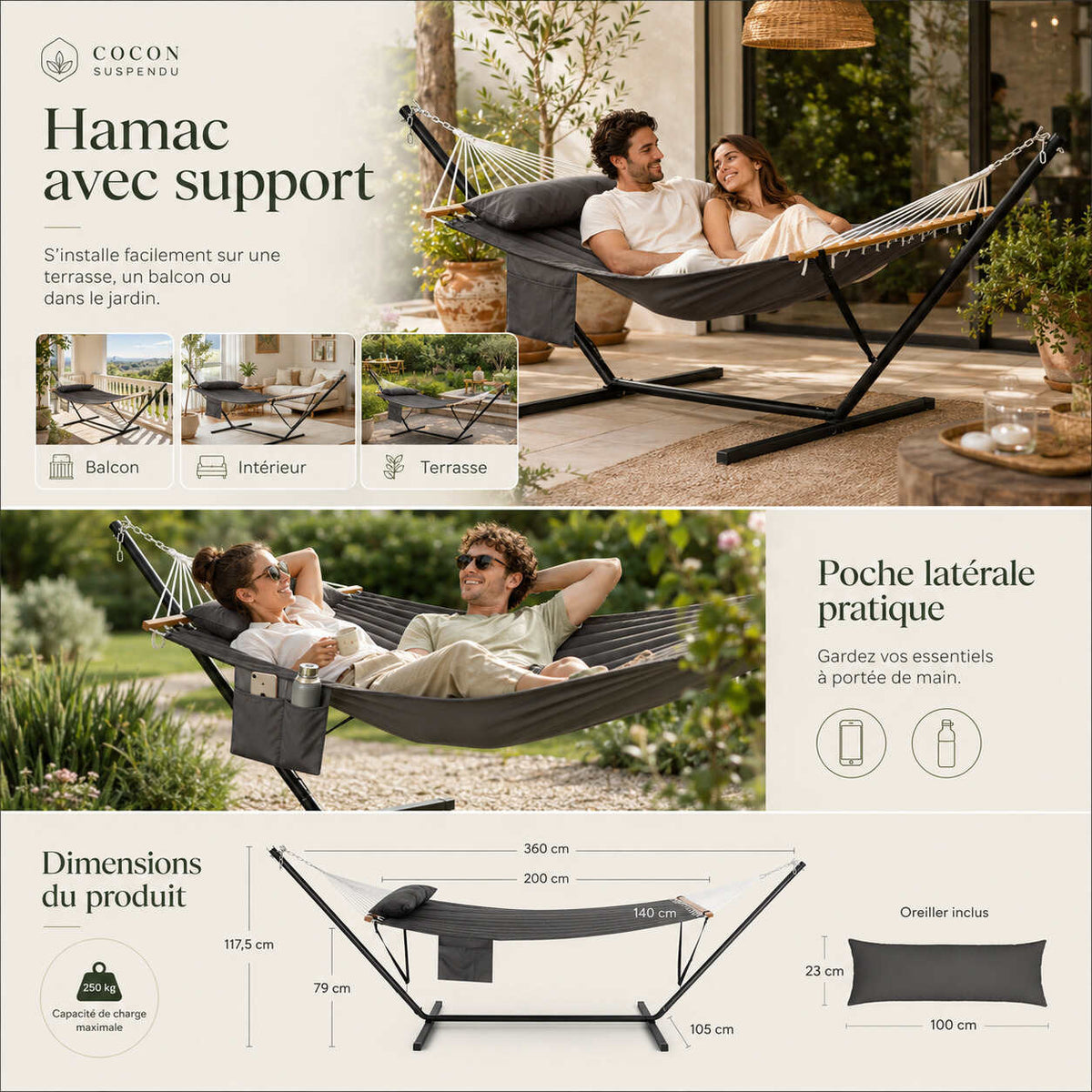 Hamac double 200 × 140 cm avec poche latérale intégrée — détente 2 personnes