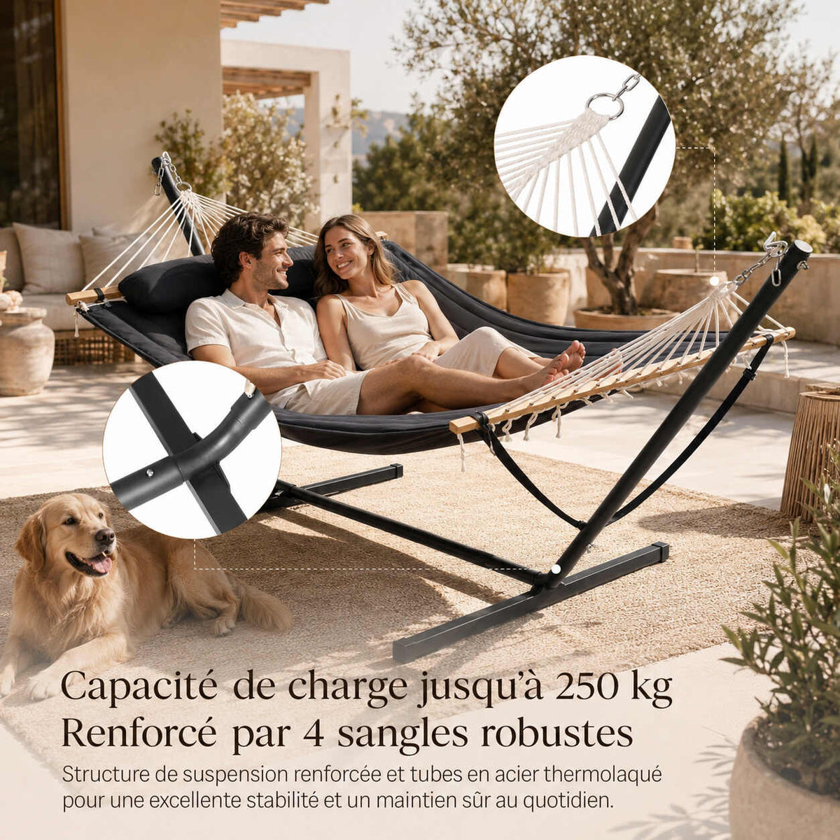 Hamac double anthracite avec cadre métal poudré — 4 sangles robustes