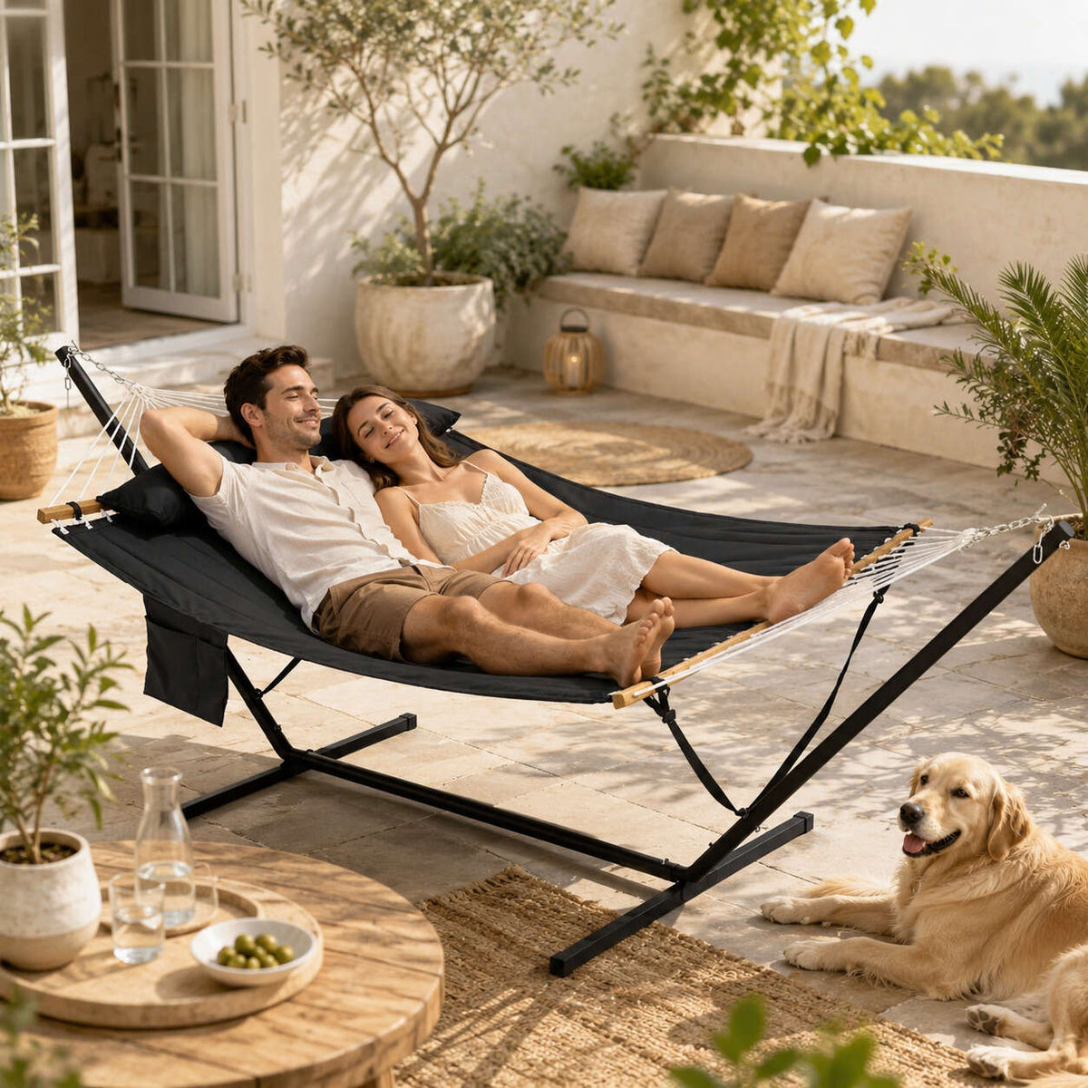 Hamac double anthracite avec support métallique et coussin confort — charge 250 kg