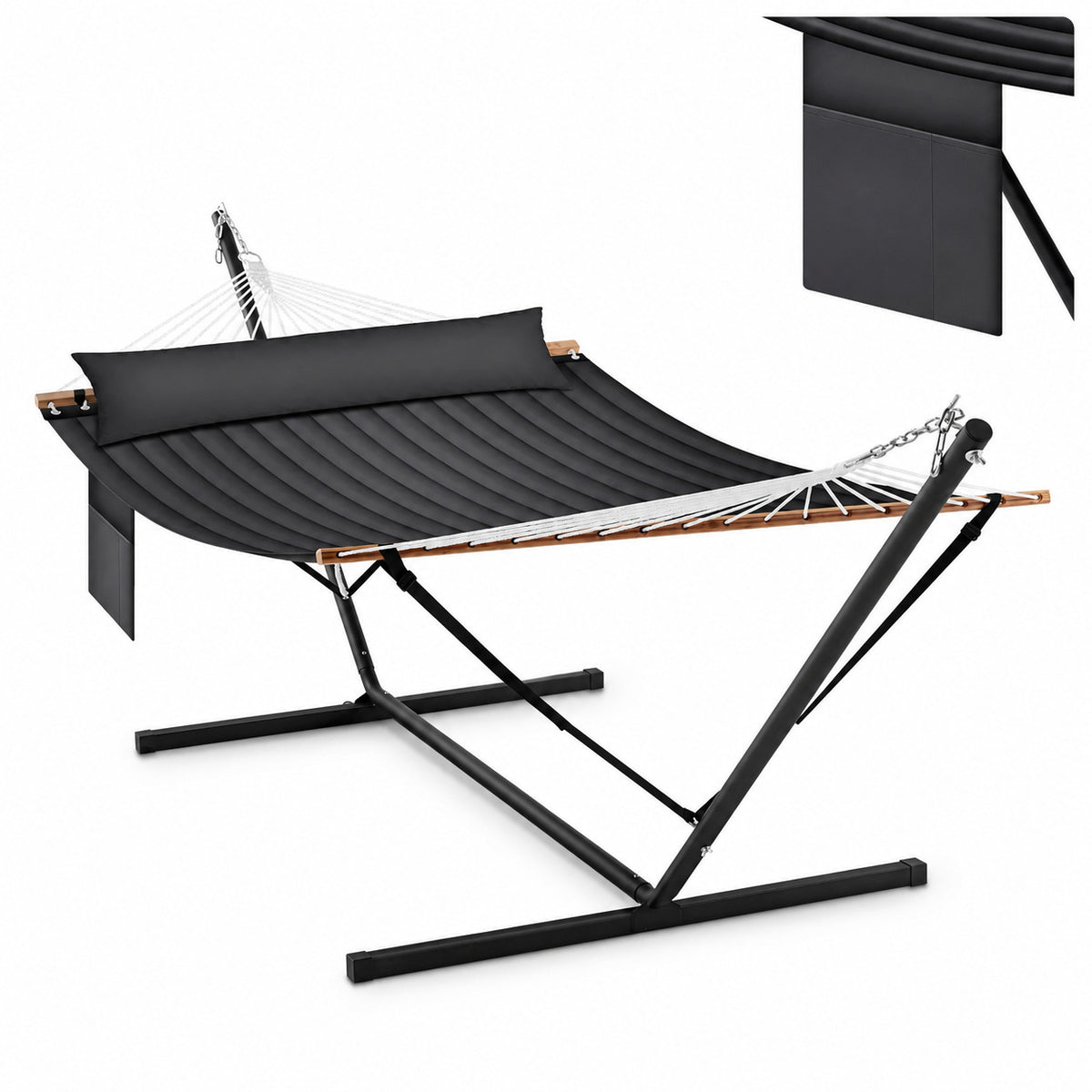Hamac double anthracite en coton avec support métal pour jardin et terrasse